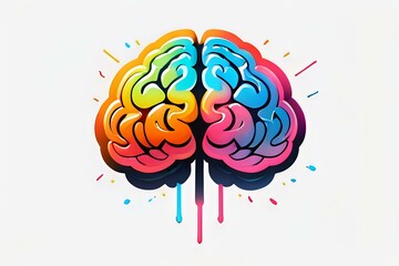 Poster - Colorful brain illustration with rainbow gradient and dripping paint effect on white background, representing creativity and cognitive function. Isolated design element.