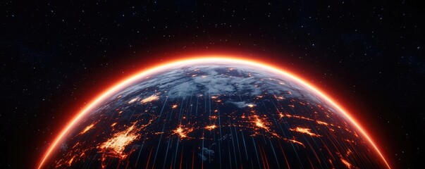 Poster - Earth with glowing network integrating wireless data grid concept. Stunning view of Earth from space showcasing glowing cities.