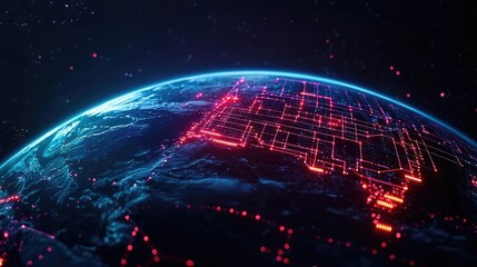 Poster - Earth with glowing network illustrating internet grid technology concept. Futuristic digital globe with glowing network connections.