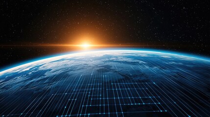 Poster - Earth with glowing network illustrating internet grid technology concept. Stunning view of Earth from space at sunrise with digital overlay.