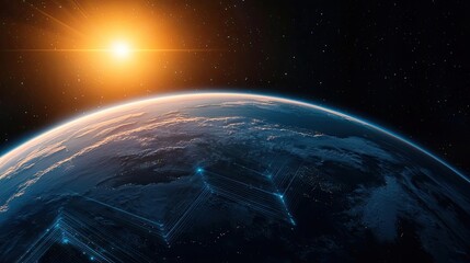 Poster - Earth with glowing network representing digital technology concept. A stunning view of Earth illuminated by the rising sun.