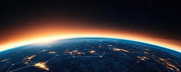 Poster - Earth with glowing network integrating wireless data grid concept. Stunning view of Earth's atmosphere at dawn from space.