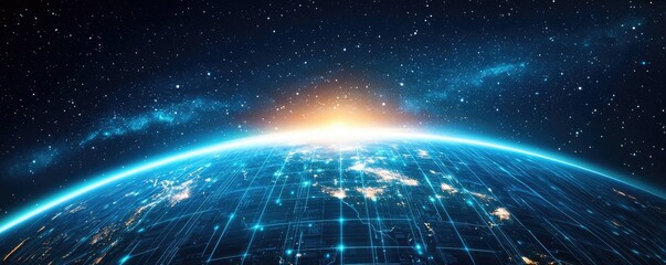Poster - Earth with glowing network illustrating internet grid technology concept. Stunning view of Earth from space with glowing grid and sunrise.