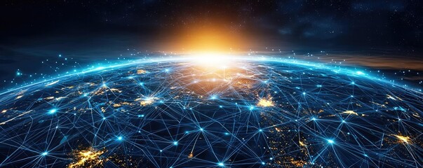 Poster - Earth with glowing network representing digital technology concept. Futuristic network connections illuminating the Earth from space.