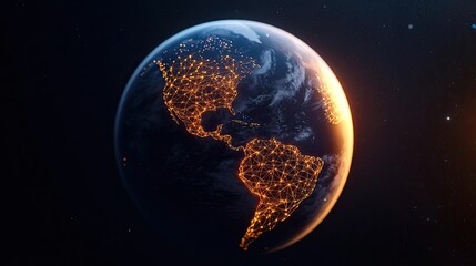 Poster - Earth with glowing network integrating wireless data grid concept. A stunning view of Earth illuminated by city lights at night.