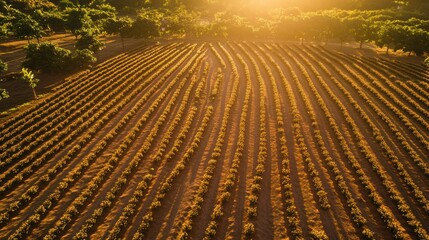 Poster - Expansive aerial view of coffee drying patio showcasing golden beans under soft sunlight and geometric patterns in a serene environment