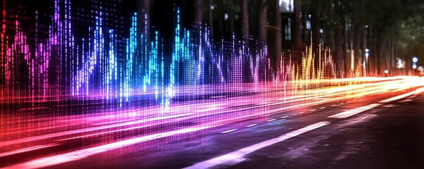 Fototapete - Colorful light trails and digital sound waves over a street