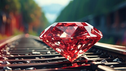 A large, faceted red gemstone resting on railroad tracks
