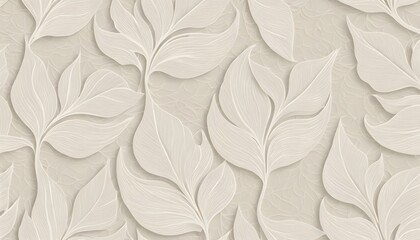 Poster - Beige Texture With Flowing White Leaves, Elegant Background Pattern For Designs, Wallpaper, And Fabric Design Projects. Soft Aesthetic For Serene Visuals.