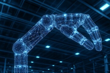 Poster - A Glowing Blueprint Illustrates a Robotic Arm in a Factory Setting