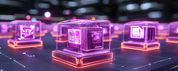Poster - Futuristic digital cubes displaying interconnected files and processing data
