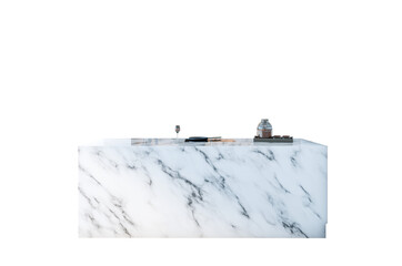 Poster - Marble kitchen island with utensils and appliances, clean modern style, isolated on white background. Kitchen interior design concept. 3D Rendering