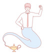 © drawlab19 - A delightful and playful illustration of a genie joyfully emerging from a lamp while dressed in stylish business attire