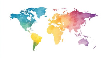  Watercolor world map illustration on a white background, showcasing diverse continents