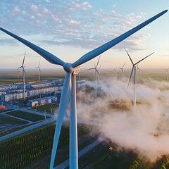 Wall Mural - Expansive Wind Farm with Turbines Amidst a Misty Landscape