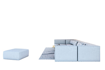 Poster - Light blue corner sofa with ottoman and rug, 3D Rendering style, isolated on white background. Concept of modern furniture and interior layout