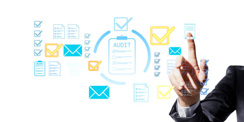 Poster - Businessperson pointing on virtual audit checklist with icons in clean digital style on white background, concept of business and technology