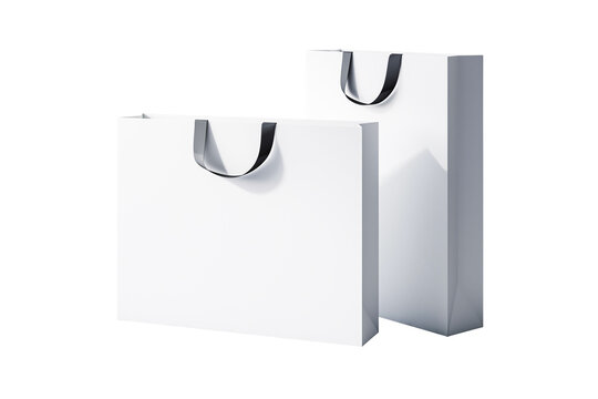 Two clean white shopping bags with black handles isolated on light background, 3D Rendering, ideal for branding, packaging, or design mockup