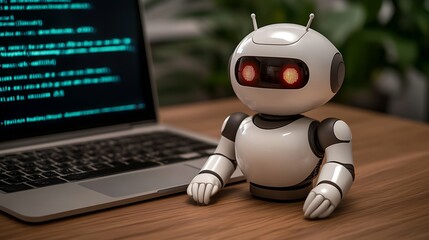 Poster - A cute robot sitting next to a computer screen on a desk