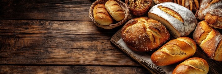 Poster - Rustic wooden table adorned with fresh golden-brown bread and warm pastries in a cozy ambient setting