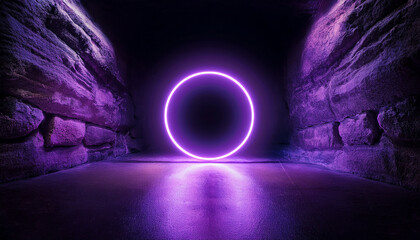 Wall Mural - dark stone room illuminated by glowing purple neon circle. 3d rendering, futuristic atmosphere.