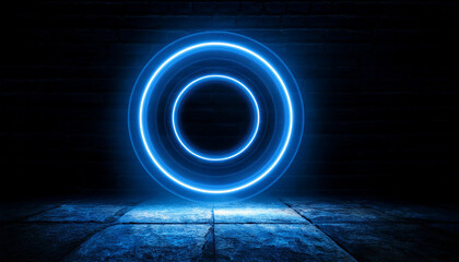 Wall Mural - dark stone room illuminated by glowing blue neon circle. 3d rendering, futuristic atmosphere.