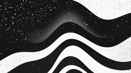 Poster - Abstract black and white wave pattern with stars creating a cosmic illusion in a minimalist style