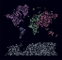 Poster - World, shape of the world built of colored cells. Digital style map on dark background. Small size circle blocks. Artistic vector illustration.