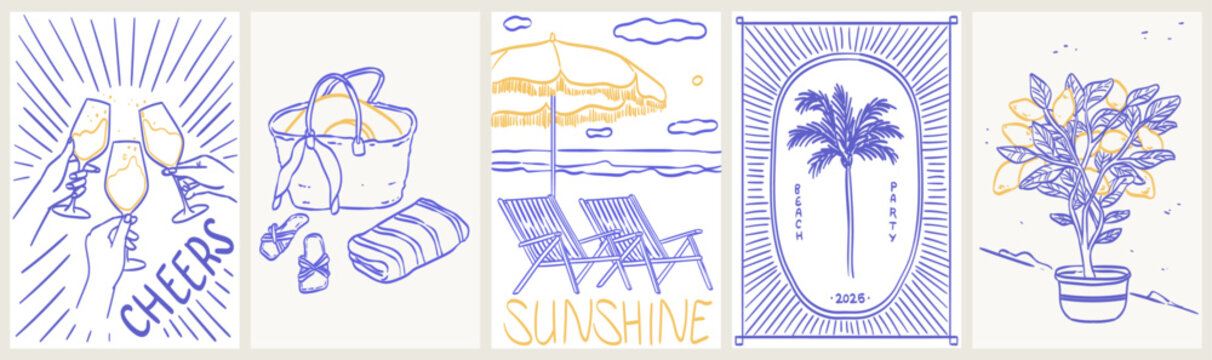 Italian amalfi sicily style vacation handdrawn vector illustrations in ink line doodle sketch style elements. Lemon, palm tree lounge vacation chalk charcoal style drawing for poster, placard or print