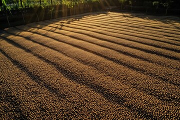 Poster - Golden coffee beans dry under soft sunlight on a large patio, showcasing geometric patterns and rows created by the drying process