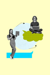 Aufkleber - Creative banner collage of two people girl guy use netbook talking with speech bubble