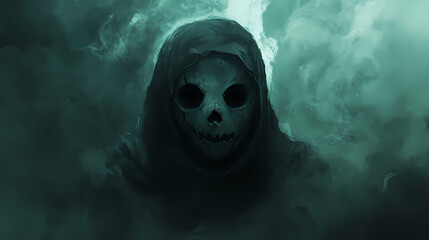 Wall Mural - the ghostly mask, with its hollow eyes and unsettling grin, glows eerily in the dim light, surrounde