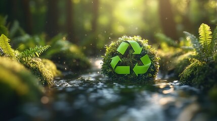 Poster - A bright green recycling symbol made of moss surrounded by ferns on rocks in a tranquil forest stream illuminated by warm sunlight glow.