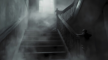 Wall Mural - this image captures a mysterious haunted house staircase shrouded in fog. the eerie atmosphere and g