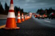 © Rifqi - Close-up of orange and white traffic cones lining a wet asphalt road at dusk, concept for road safety, construction, and traffic management