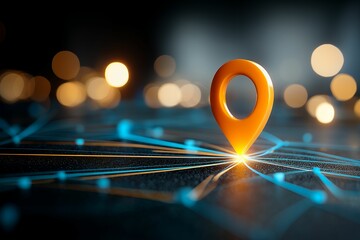 Fototapete - Glowing orange location pin on dark blue network, concept for navigation, GPS, tracking, and location based services