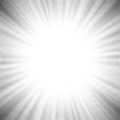 Leinwandbilder - Halftone gradient sun rays pattern. Abstract halftone vector dots background. monochrome dots pattern. Vector background in comic book style with sunburst rays and halftone. Retro pop art design.
