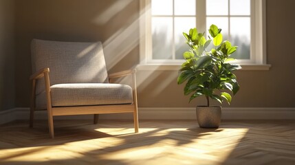 Poster - Sunlight streams through a bright window highlighting a light grey armchair and lush potted plant on a beautiful hardwood floor interior design scene