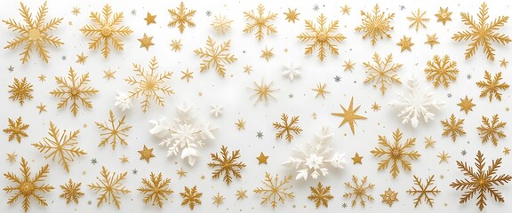 Aufkleber - Golden Snowflakes And Stars, A Wintery Festive Design. Decorative Elements For Seasonal Designs. Warm Golden Hues Evoke Elegance. Sparkle And Cheer For Holiday Cards.