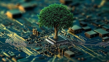 Poster - Digital green tree on computer circuit board, innovation and sustainability concept, Generative AI illustration , 