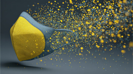 Fototapete - digital illustration of protective mask filtering out particles, showcasing dynamic flow of yellow and blue particles against dark background, symbolizing air purification
