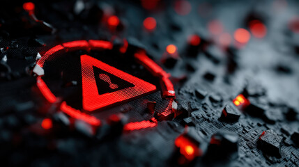 Poster - glowing red warning symbol with lock icon is displayed on dark, textured surface, suggesting cybersecurity alert. digital interface conveys sense of urgency and caution