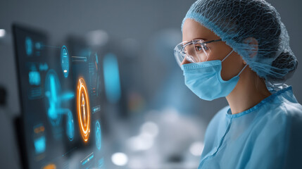 Poster - medical professional in clean, minimalistic clinic operates advanced technology, wearing protective gear including mask, goggles, and hairnet, focused on digital interface
