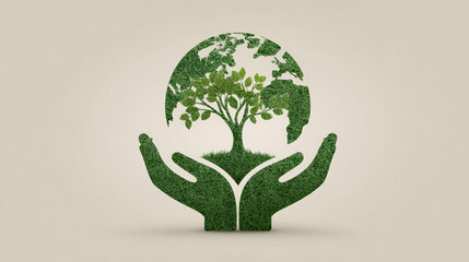 Poster - green world globe with tree is held by hands, symbolizing eco friendly practices and environmental conservation. design emphasizes sustainability and nature protection