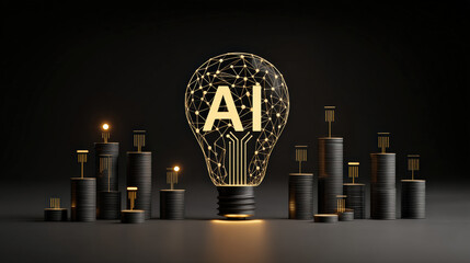 Leinwandbilder - glowing lightbulb with AI symbolizes innovation and technology, surrounded by stacks of coins representing financial growth and investment. dark background enhances futuristic theme