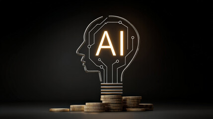 Poster - glowing lightbulb in shape of human head with AI inside is surrounded by stacked coins, symbolizing intersection of artificial intelligence and finance