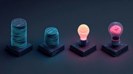 Leinwandbilder - Futuristic icon set featuring stack of coins and glowing light bulb, symbolizing innovation and financial growth in digital context. vibrant colors enhance modern theme
