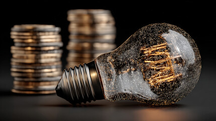 Leinwandbilder - glowing light bulb lies in front of stacked coins, symbolizing concept of financial innovation and investment ideas. dark background enhances contrast and focus