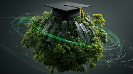 Aufkleber - graduation cap floats above futuristic green Earth, symbolizing fusion of education and sustainability. planet is covered with lush forests and modern buildings, highlighting eco friendly