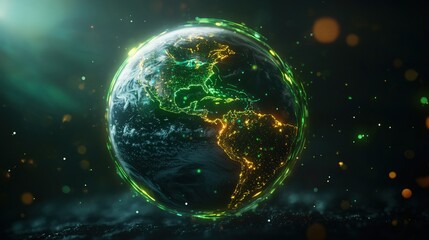 Aufkleber - Stylized Digital Rende of Earth Focusing on North and Central America Illuminated by Green and Yellow Energy Lines with Cosmic Background